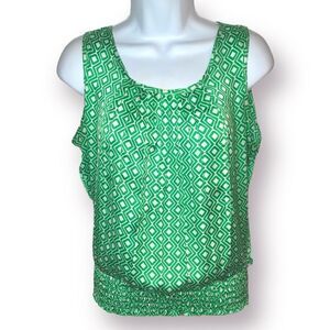 Jules & Leopold Geometric Satin Sleeveless Layering Top Smocked Waist Green S